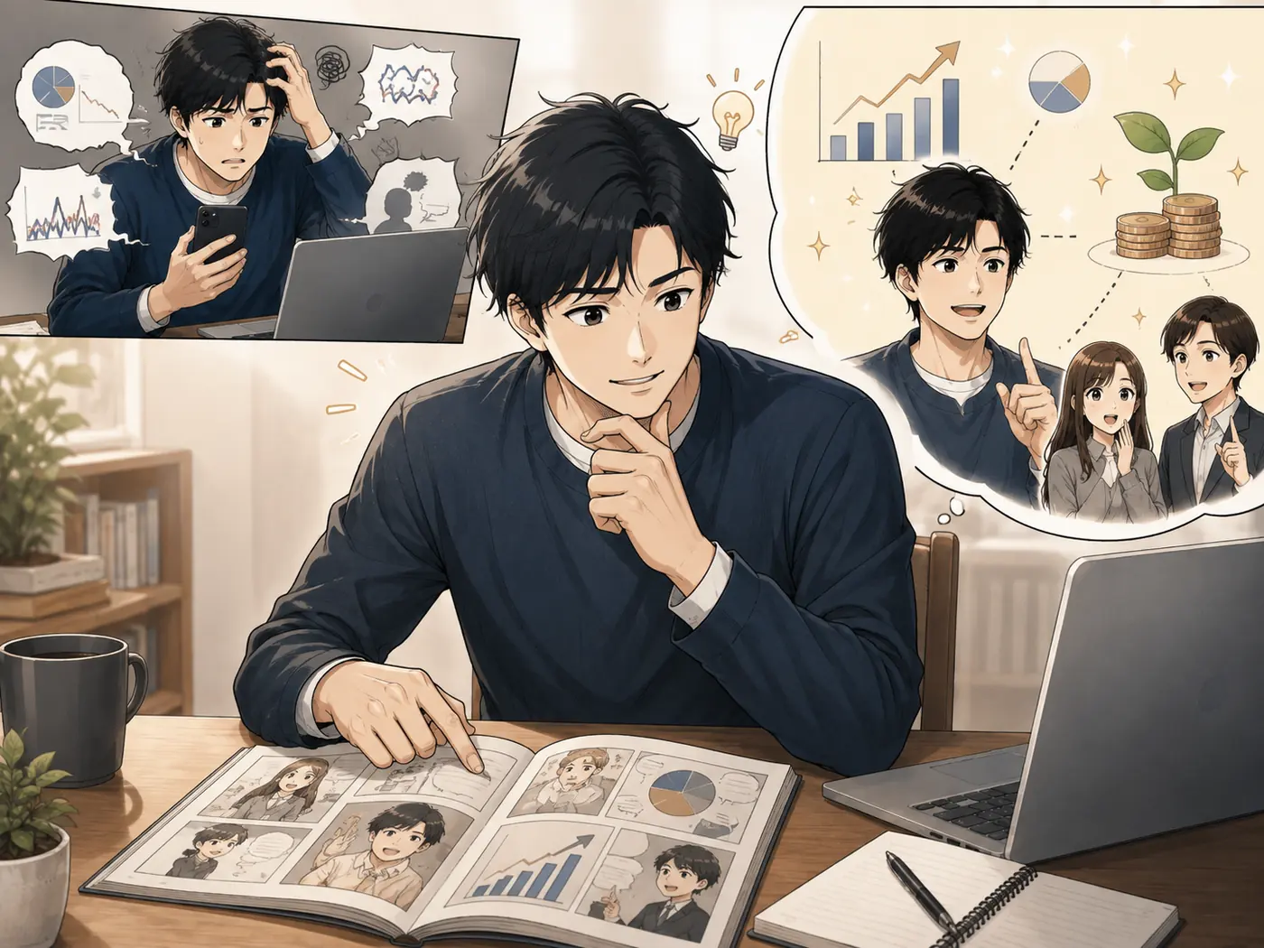 漫画で投資判断を学ぶイメージ